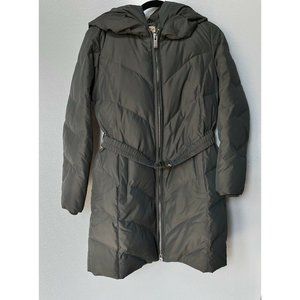 Down Blend Puffer Coat Womens Black Hooded Winter Waist Cinch Long Jacket Size M